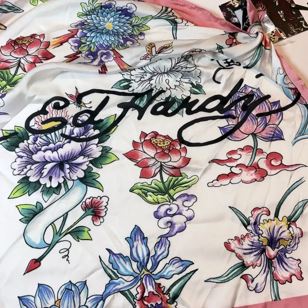 Ed Hardy Y2K Flowers Butterflies Logo Print Scarf NWT